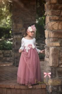wedding photo - Flower girl dress, photography prop, mauve pink dress, lace flower girl dress, lace flower girl dress, bohemian flower girl dress