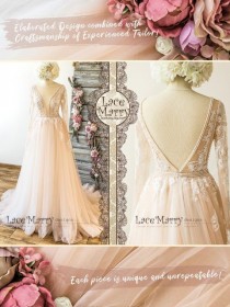 wedding photo - Deluxe Lace Wedding Dress In Nude Tulle And Ivory Applique With Long Sleeves, Sexy Plunge Neckline,