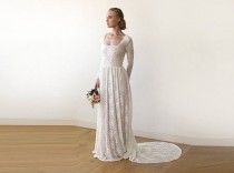 wedding photo - Square Neckline Vintage Inspired Wedding Dress, Pearl Color Lace Of Roses Long Sleeves Dress, Rustic Wedding Dress 1207