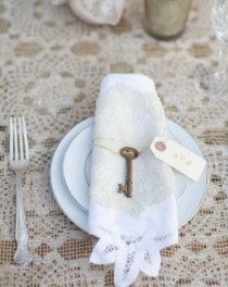 wedding photo - Add Vintage Key To Lace Trim Napkin Table Top Decor Place Settings At Wedding Reception Or Shower.  For Ideas And Goods Shop At … 