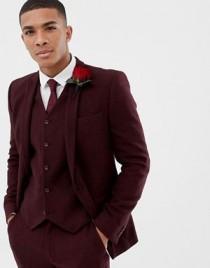 wedding photo - ASOS DESIGN Wedding Skinny Suit Jacket In Burgundy Wool Mix Herringbone 