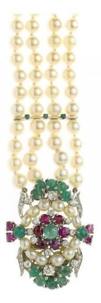 A Cultured Pearl, Ruby, Emerald And Diamond Multi-strand Strand Bracelet Cultured Pearls Measuring Approximately: 6.4 To 3.8mm; Est… wedding photo - A Cultured Pearl, Ruby, Emerald And Diamond Multi-strand Strand Bracelet Cultured Pearls Measuring Approximately: 6.4 To 3.8mm; Est…