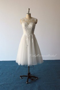 wedding photo - Lovely Tea Length Tulle Lace Wedding Dress, Short Wedding Dress, Destination Wedding Dress With Keyhole Back