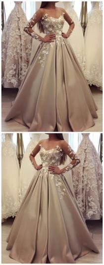 wedding photo - Generous Long Sleeve Ball Gown Champagne Prom Dresses, Luxury Lace Wedding Dress For Bridal M2861