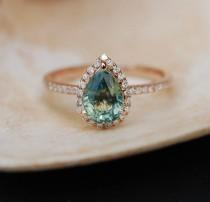 Rose Gold Engagement Ring Teal Blue Green Sapphire Pear Cut Halo Engagement Ring 14k Rose Gold wedding photo - Rose Gold Engagement Ring Teal Blue Green Sapphire Pear Cut Halo Engagement Ring 14k Rose Gold