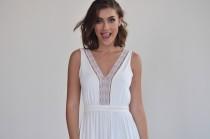 Wedding dress, lace trim at V neckline, lace open back, flowing skirt, boho wedding dress, romantic wedding dress, beach wedding dress wedding photo - Wedding dress, lace trim at V neckline, lace open back, flowing skirt, boho wedding dress, romantic wedding dress, beach wedding dress
