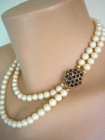 wedding photo -  Vintage Bridal Pearls, Pearl Choker, Pearl And Garnet, Side Clasp, Cream Pearls, 2 Strand, Deco Style, Dark Ruby Rhinestone, Vintage Wedding