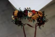 Burgundy burnt orange floral crown Rust floral wreath Wedding headpiece Burgundy wedding Bridal hairpiece Bridesmaid crown Maternity crown wedding photo - Burgundy burnt orange floral crown Rust floral wreath Wedding headpiece Burgundy wedding Bridal hairpiece Bridesmaid crown Maternity crown