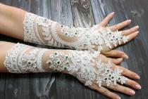 wedding photo -  White beaded long lace wedding gloves, shiny emerald green beads french lace opera gloves, bridal wedding accessories