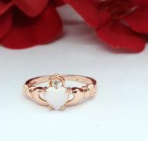 Rose Gold Claddagh Ring Irish Promise Ring Heart White Opal Round Simulated Diamond Solid 925 STerling Silver wedding photo - Rose Gold Claddagh Ring Irish Promise Ring Heart White Opal Round Simulated Diamond Solid 925 STerling Silver