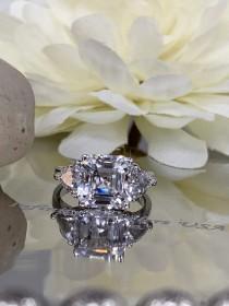 Asscher cut white sapphire engagement ring, wedding ring with trillion accents 4.00 ctw 14k White Gold #5484 wedding photo - Asscher cut white sapphire engagement ring, wedding ring with trillion accents 4.00 ctw 14k White Gold #5484