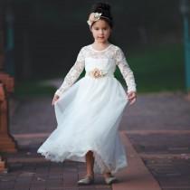 Flower girl dress, girl lace dress, Communion ivory lace dress, Country Rustic flower girl dress,long sleeve tulle dress,Flower girl dresses wedding photo - Flower girl dress, girl lace dress, Communion ivory lace dress, Country Rustic flower girl dress,long sleeve tulle dress,Flower girl dresses