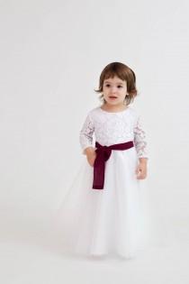 White flower girl dress burgundy sash Lace flower girl dress Tulle flower girl dress lace sleeves Long flower girl dress long sleeve wedding photo - White flower girl dress burgundy sash Lace flower girl dress Tulle flower girl dress lace sleeves Long flower girl dress long sleeve
