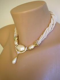 wedding photo -  Pearl Bridal Jewelry Set, Twisted Pearl Choker, Choker And Bracelet, White Pearl Choker, Pearl Drop Necklace, Vintage Bridal Pearls