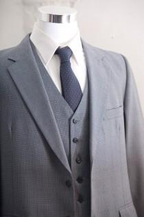 wedding photo - Men's Suit / Blue  Gray Vintage Suit,  Blazer, Vest, Trousers / Three Piece Wool Suit Large Size 42