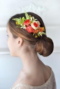 wedding photo -  Coral hair comb Summer wedding flower comb Coral yellow floral head piece Bride hair flowers wedding