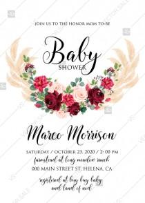 Baby shower invitation Marsala peony rose pampas grass pdf custom online editor wedding photo - Baby shower invitation Marsala peony rose pampas grass pdf custom online editor
