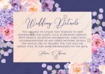 Wedding details card pink peach peony hydrangea violet anemone eucalyptus greenery pdf custom online editor floral background wedding photo - Wedding details card pink peach peony hydrangea violet anemone eucalyptus greenery pdf custom online editor floral background