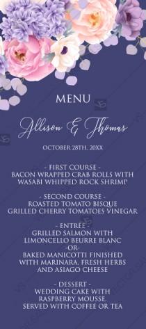 Wedding menu card pink peach peony hydrangea violet anemone eucalyptus greenery pdf custom online editor custom invitation wedding photo - Wedding menu card pink peach peony hydrangea violet anemone eucalyptus greenery pdf custom online editor custom invitation