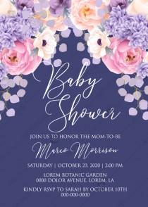 Baby shower invitation pink peach peony hydrangea violet anemone eucalyptus greenery pdf custom online editor decoration bouquet wedding photo - Baby shower invitation pink peach peony hydrangea violet anemone eucalyptus greenery pdf custom online editor decoration bouquet