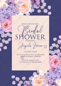 Bridal shower invitation pink peach peony hydrangea violet anemone eucalyptus greenery pdf custom online editor wedding photo - Bridal shower invitation pink peach peony hydrangea violet anemone eucalyptus greenery pdf custom online editor