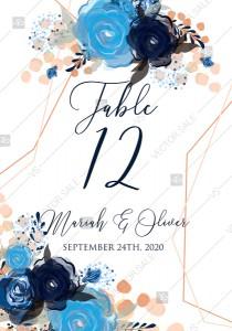 Table number place card royal navy blue rose peony indigo watercolor pdf online editor 3.5''*5'' wedding photo - Table number place card royal navy blue rose peony indigo watercolor pdf online editor 3.5''*5''