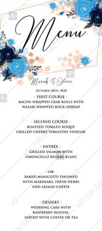 Menu card template royal navy blue rose peony indigo watercolor pdf custom online editor custom 4''*9'' wedding photo - Menu card template royal navy blue rose peony indigo watercolor pdf custom online editor custom 4''*9''