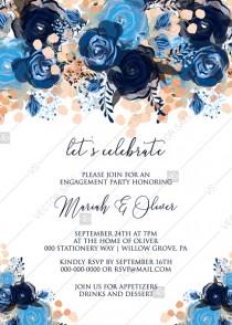 Engagement party invitation royal navy blue rose peony indigo watercolor pdf online editor 5''*7'' wedding photo - Engagement party invitation royal navy blue rose peony indigo watercolor pdf online editor 5''*7''