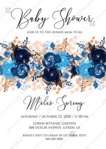 Baby shower invitation royal navy blue rose peony indigo watercolor pdf online editor 5''*7'' wedding photo - Baby shower invitation royal navy blue rose peony indigo watercolor pdf online editor 5''*7''