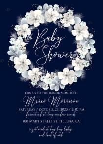 Baby shower invitation white hydrangea navy blue background online invite maker 5''x 7'' wedding photo - Baby shower invitation white hydrangea navy blue background online invite maker 5''x 7''