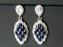 Navy Blue Bridal Earrings, Marquise Wedding Earrings, Sapphire Cubic Zirconia Silver Earrings, Wedding Earrings, Dark Blue Statement Earring wedding photo - Navy Blue Bridal Earrings, Marquise Wedding Earrings, Sapphire Cubic Zirconia Silver Earrings, Wedding Earrings, Dark Blue Statement Earring