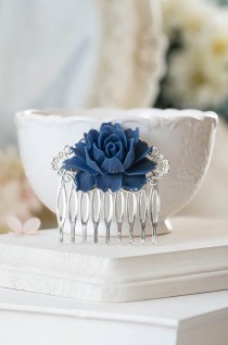 Navy Blue Rose Flower Silver Bridal Hair Comb Silver Filigree Dark Blue Floral Hair Comb Navy Blue Wedding Hair Accessory Bridesmaid Gift wedding photo - Navy Blue Rose Flower Silver Bridal Hair Comb Silver Filigree Dark Blue Floral Hair Comb Navy Blue Wedding Hair Accessory Bridesmaid Gift