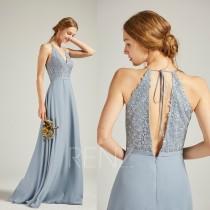 Prom Dress Long Dusty Blue Chiffon Bridesmaid Dress Wedding Dress V Neck Halter Maxi Dress Lace Deep V Back Flowy Formal Dress (H738) wedding photo - Prom Dress Long Dusty Blue Chiffon Bridesmaid Dress Wedding Dress V Neck Halter Maxi Dress Lace Deep V Back Flowy Formal Dress (H738)