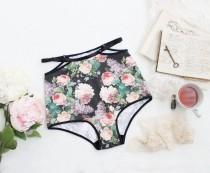 wedding photo - Victorian Cabbage Rose Floral 'Nightshade' Black Cotton High Waist Panties with Sexy Cut Out Strappy Detail