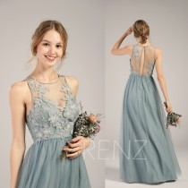 Prom Dress Dusty Blue Tulle Bridesmaid Dress Boat Neck Party Dress Illusion Lace Key Hole Back A-Line Maxi Dress Long Wedding Dress(LS351) wedding photo - Prom Dress Dusty Blue Tulle Bridesmaid Dress Boat Neck Party Dress Illusion Lace Key Hole Back A-Line Maxi Dress Long Wedding Dress(LS351)