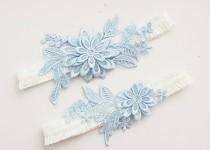 wedding photo - Floral baby blue embroidered wedding bridal garter set - White blue - Wedding accessories 