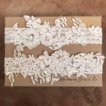 wedding photo - Floral Lace Wedding Garter Set, bridal garter set, vintage rhinestones C16-C16