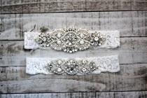 wedding photo - White Lace Wedding Garter Set, bridal garter set, vintage rhinestones, pearl and rhinestone garter set C01S-C02S