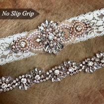 wedding photo - Crystal Rose Gold Ivory Wedding Garter Set NO SLIP grip vintage rhinestones B04-EB05