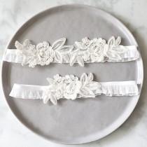 wedding photo - Wedding Garter Set, White Embroidery Flower with Ruffle Elastic Garter Set, White Garter Set, Prom  Garter Belt / GT-34A
