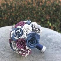 wedding photo -  Dragon Bouquet shown in plum, silver & navy blue paper roses - Customizable colors
