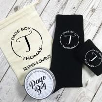 wedding photo - Monogram Page Boy Personalised Socks with tin and Personalised Gift Bag Wedding Morning gift