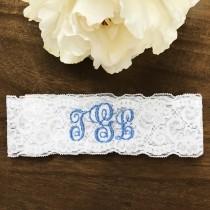 wedding photo - Monogram Wedding garter, embroidered bridal garter, something blue, custom wedding garters B monogram