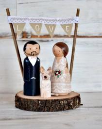 wedding photo -  Rustic Wedding Cake Topper Dog on Stand, Personalized Cake Topper Figurines Pet, Peg Doll Dog or Cat.