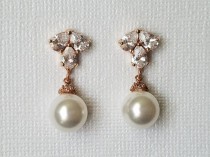 wedding photo -  White Pearl Rose Gold Earrings, Swarovski White Pearl Drop Bridal Earrings, Rose Gold Pearl Jewelry Wedding Pink Gold Earring Bridal Jewelry