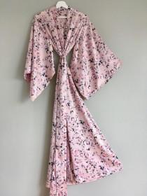 wedding photo - Champagne rose. 1 custom made "Noguchi" kimono robe in soft satin. Tall Womens floor length kimono robe. Long Bridal peony robe with pockets