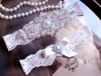 wedding photo - Wedding Garter Set, Bridal Garter, Vintage Pearl Garter on Off White Lace with Elegant Bow and Rhinestones, Something Blue Garter