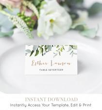 wedding photo - Self-editing Place Card Template, Printable Wedding Escort Card, Name Card, Greenery Seating Card, INSTANT DOWNLOAD, Editable #016-107PC