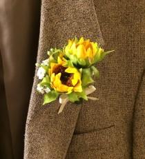 wedding photo - double sunflower bud corsage boutonniere with baby's breath with bow in your choice of colors