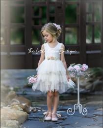 wedding photo - Blush pink tulle flower girl dress, White lace flower girl dress, Rustic flower girl dress, Ivory Boho flower girl dress, Toddler dress tutu